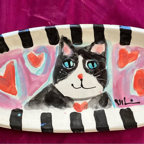 Handmade Ceramic Serving Tray 12.5”x5.5” original design Cat and Heart Design - Picture 9 of 12